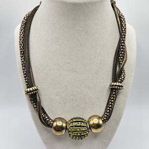 VINTAGE Green and Gold Tone Beaded Multi Texture Strand Statement Necklace